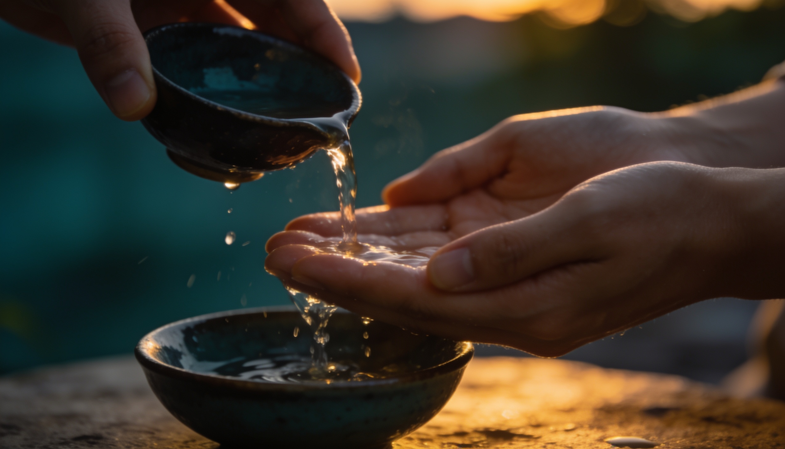 Hands pouring water at dusk, from the closing release ceremony