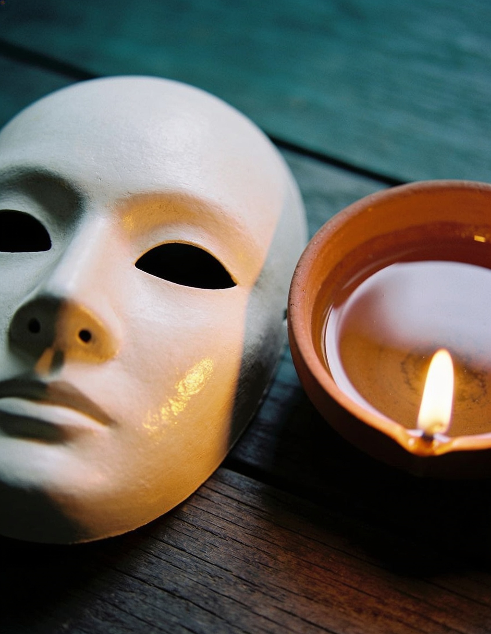 A plain white mask resting beside a lit oil bowl