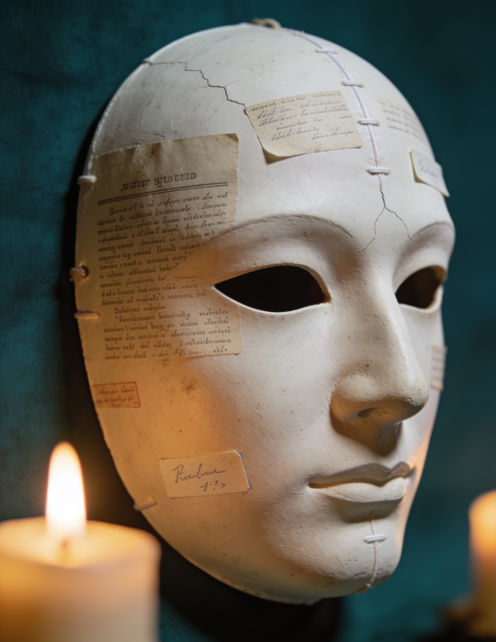 A white mask now marked with seams, labels, and inherited text